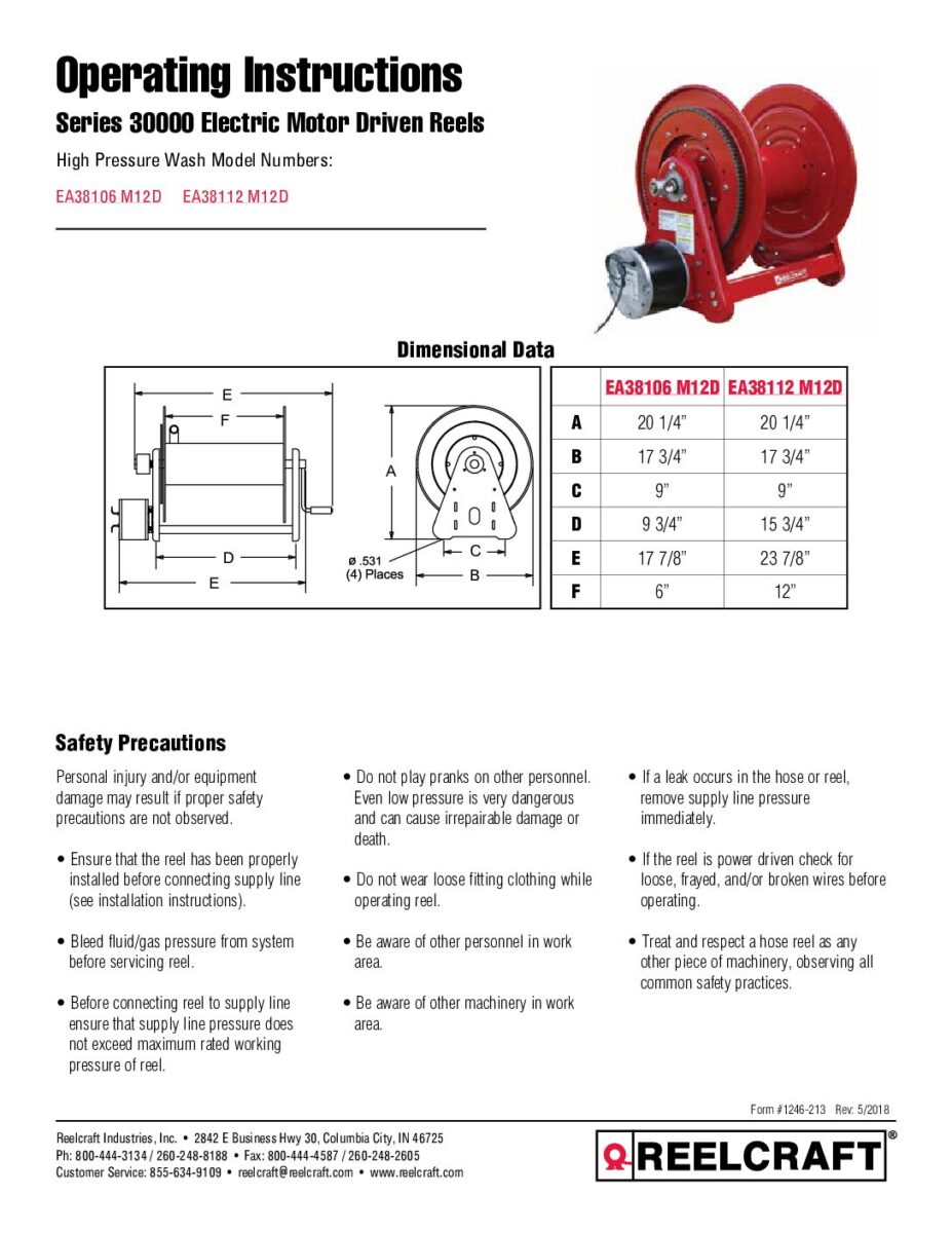 REELCRAFT 7600 OLP Series 7000 Spring Driven Hose Reels User Manual