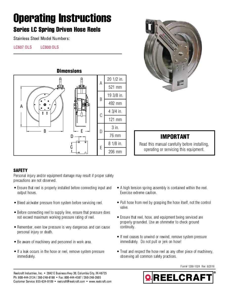 Service Manuals - Hose, Cord and Cable Reels - Reelcraft