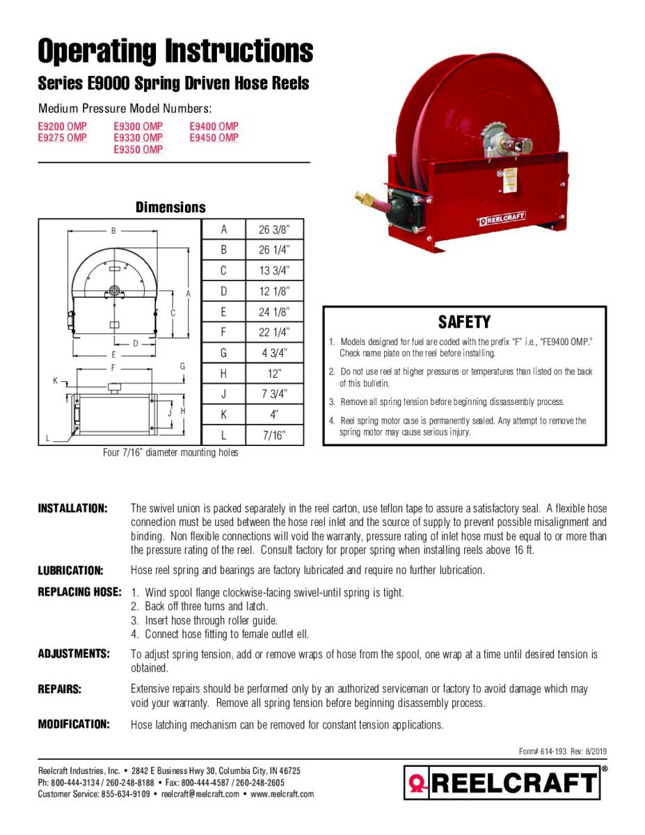 REELCRAFT G 3050 Static Discharge Reels Instruction Manual