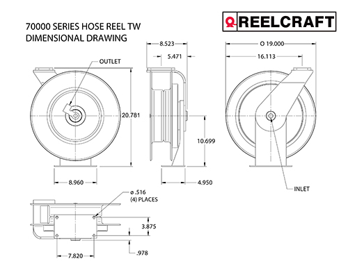 Reelcraft Industries HD70000 Series HD74005 OHP Hose Reel, 100 ft Capacity,  Spring Drive, Steel, Red