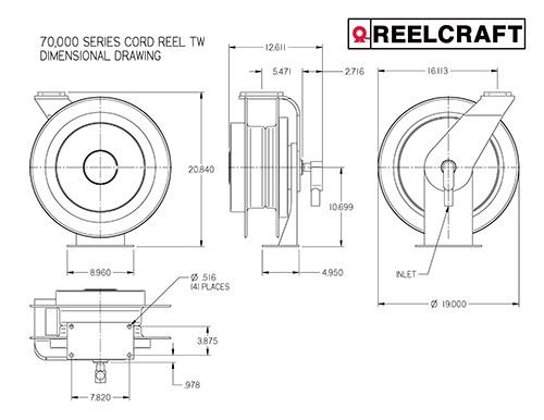 Reelcraft L 70075 123 3 - 12/3 75 ft. Heavy Duty Single Receptacle Power Cord  Reel