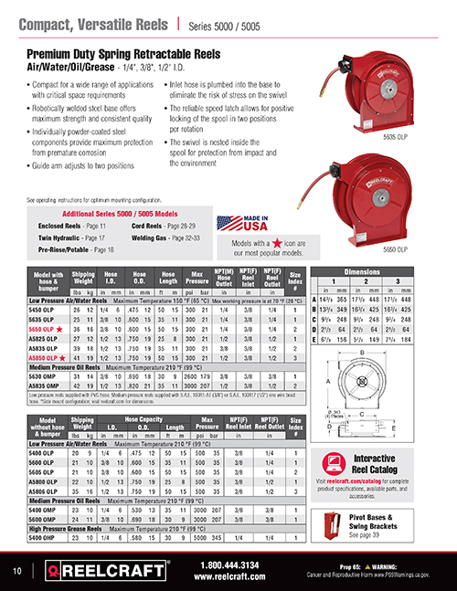 Reelcraft Catalog Page 10 - Series 5000/5005 Hose Reels