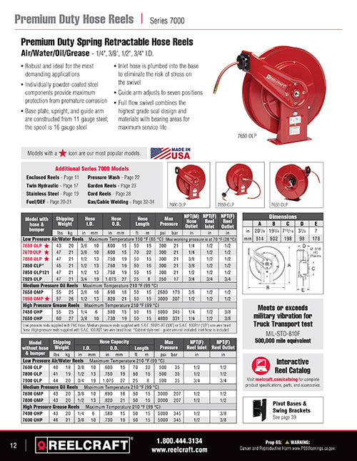 Reelcraft Catalog Page 12 - Series 7000 Hose Reels