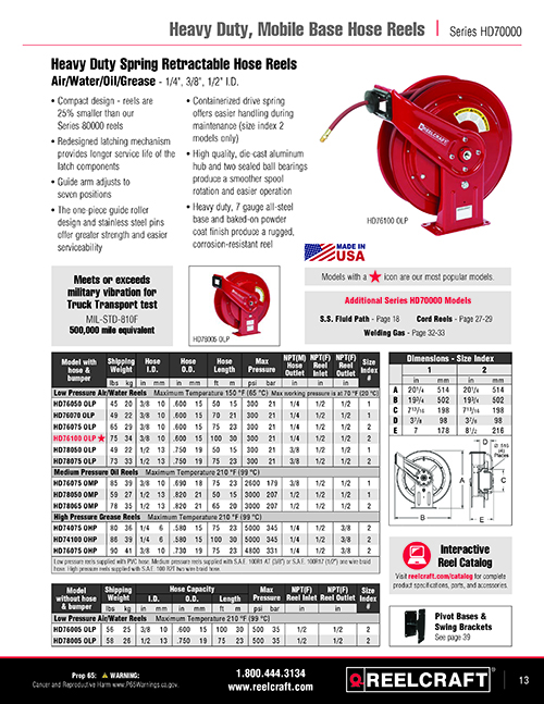 Reelcraft Catalog Page 13 - Series HD70000 Hose Reels