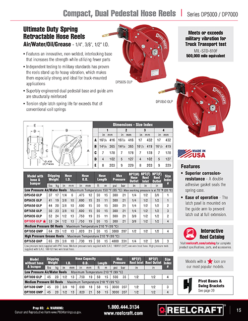 Reelcraft 422101DH1LC-YW42 Hose Reel Specifications