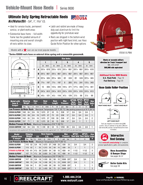 Reelcraft Catalog Page 16 - Series 9000 Hose Reels