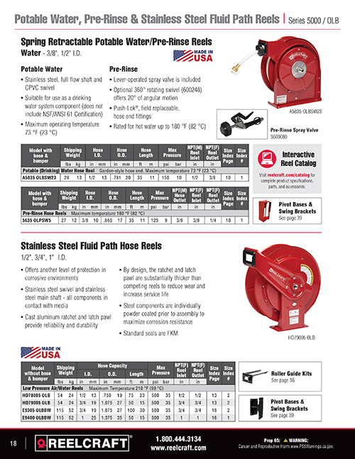Reelcraft Catalog Page 18 - Pre-Rinse, Potable Water & Stainless Steel Fluid Path Reels