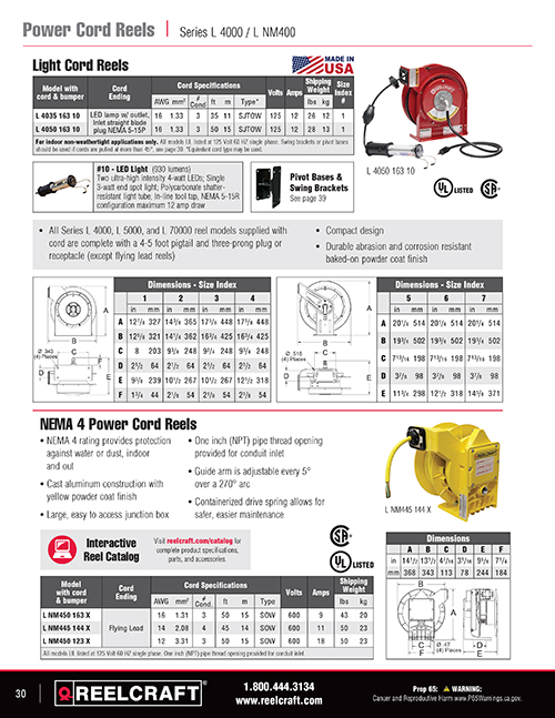 Reelcraft Catalog Page 30 - Power & Light Cord Reels